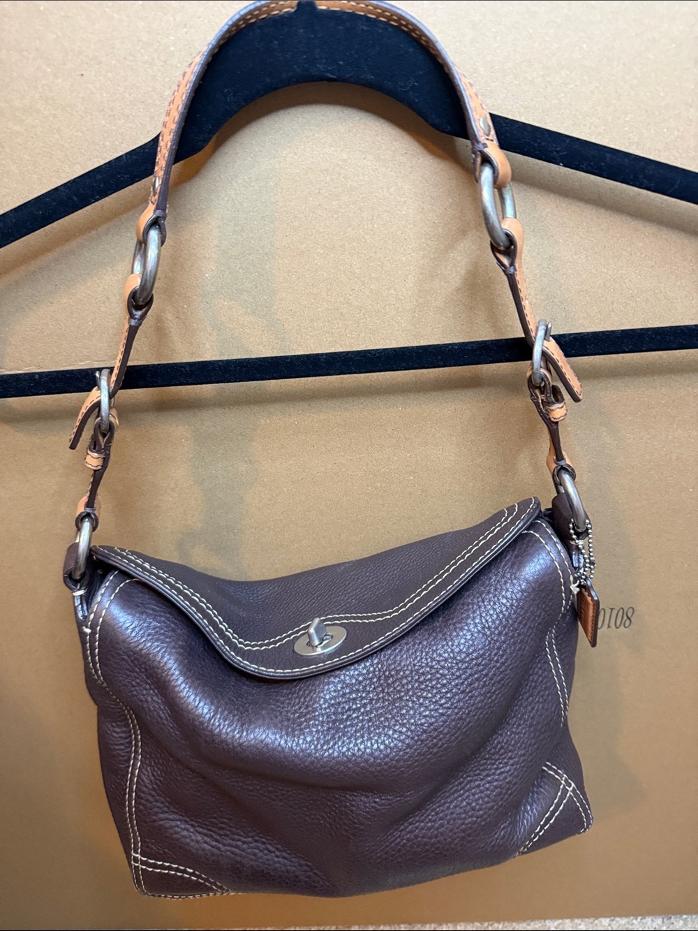 Coach Brown Pebbled Chelsea Leather Shoulder Bag with Contrast Stitching
